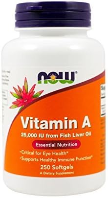 Now Foods Vitamin A, 25000 IU from Fish liver oil, 250 Softgels (Pack of 2)